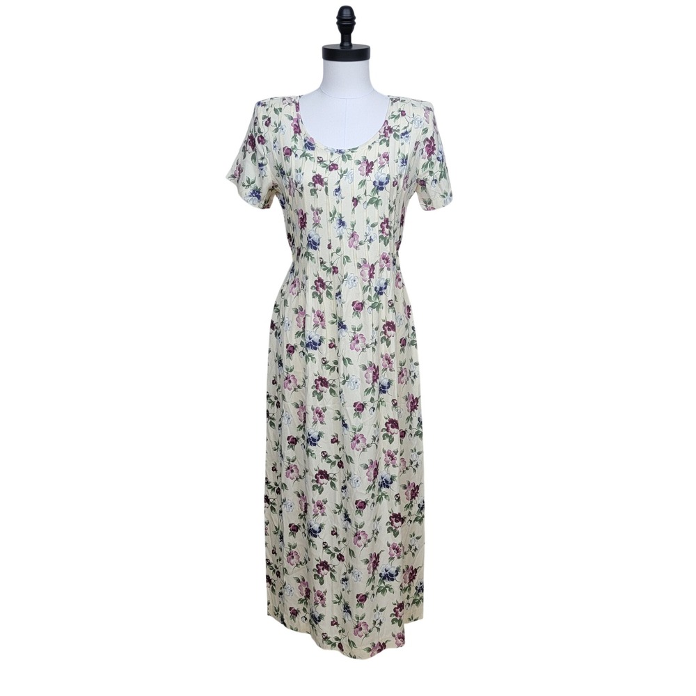 All That Jazz Floral Maxi Dress Women 5/6 Cream Purple Vintage Tie Back Crepe